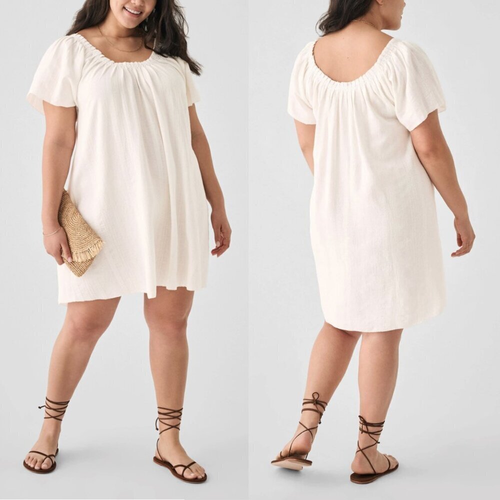 Faherty Annabelle Short Sleeved Cotton Lined Dress Embroidered Neckline White XL
